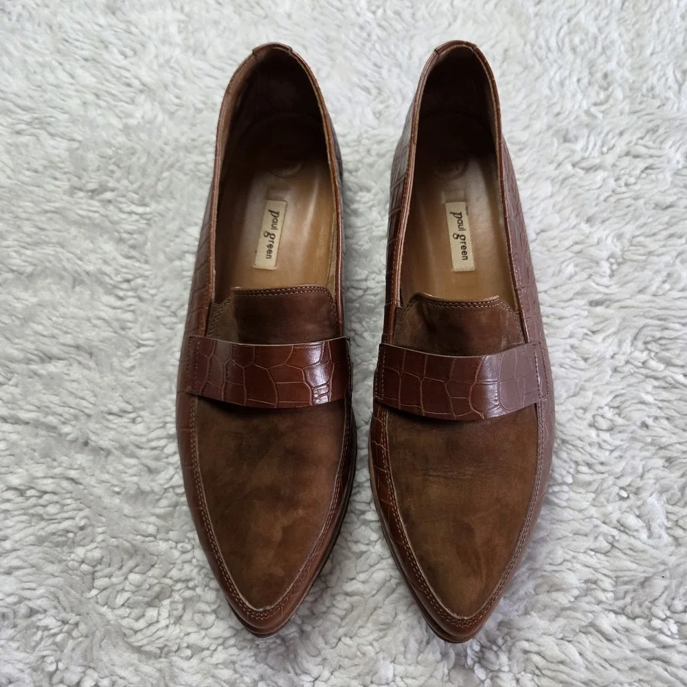 Paul Green Dara Leather Croc Embossed Pointed Loafers Size 10 US / 7.5 UK Brown